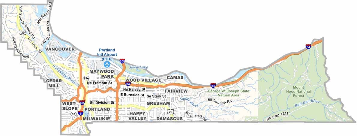 Multnomah County junk removal service area map showing Portland, Gresham, Troutdale, and surrounding cities