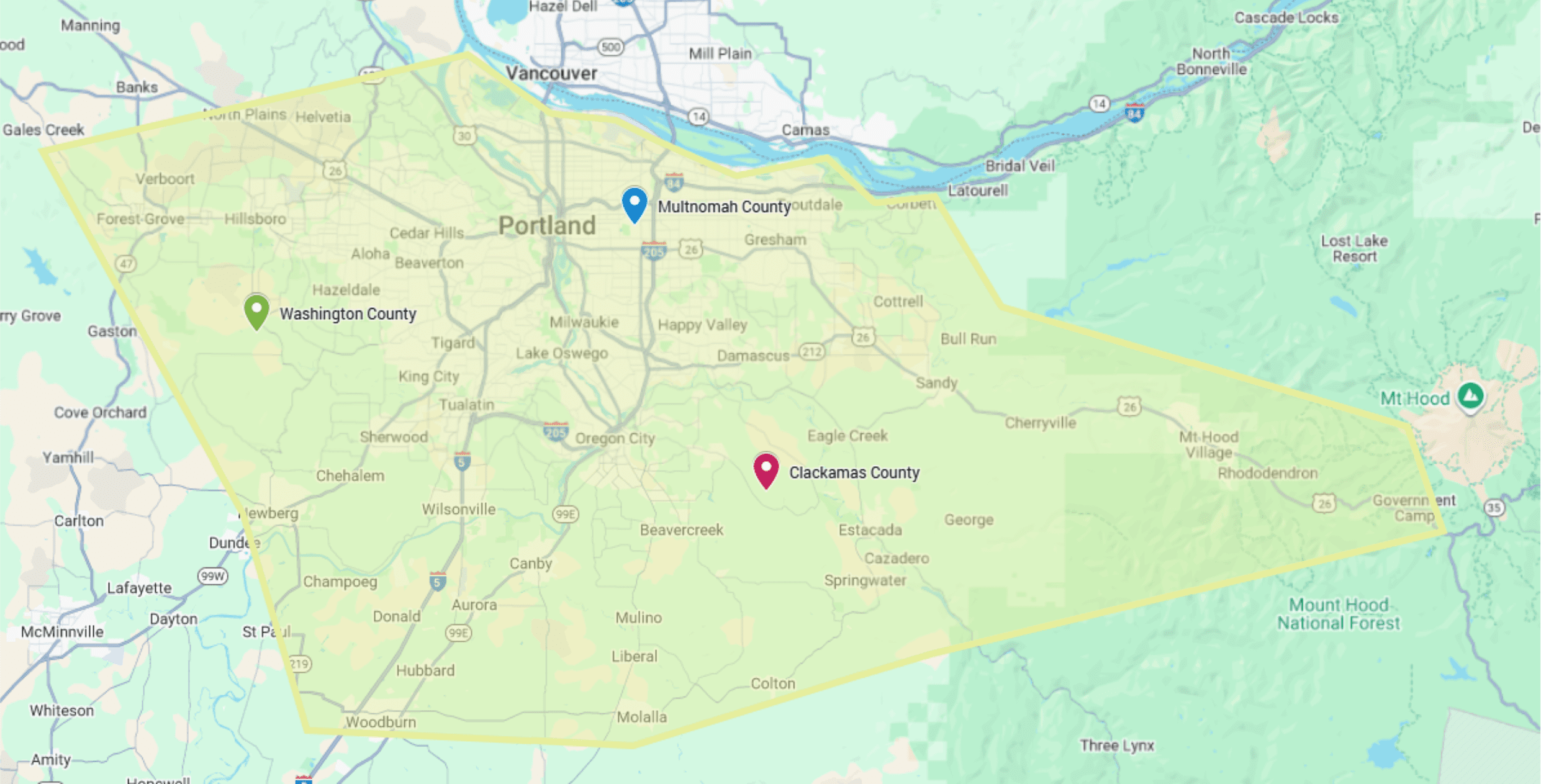 Junk Hubris service area map showing junk removal coverage in Multnomah, Clackamas, and Washington Counties in Portland Metro Oregon