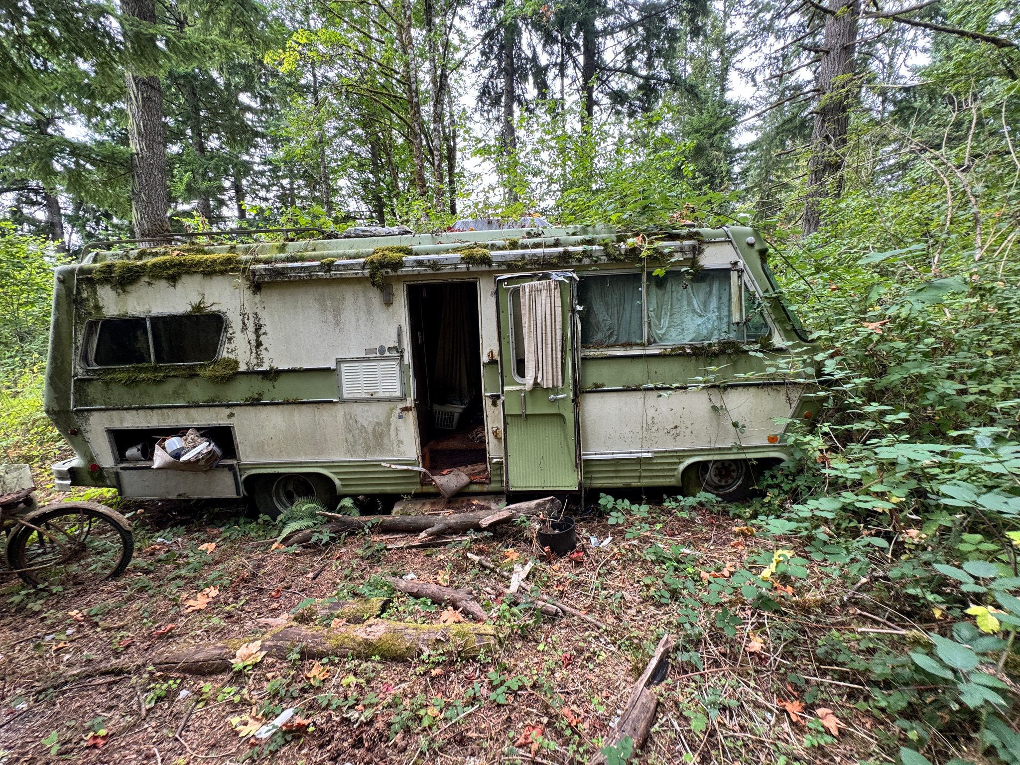 1970s motorhome buried in wooded area requiring specialized RV removal